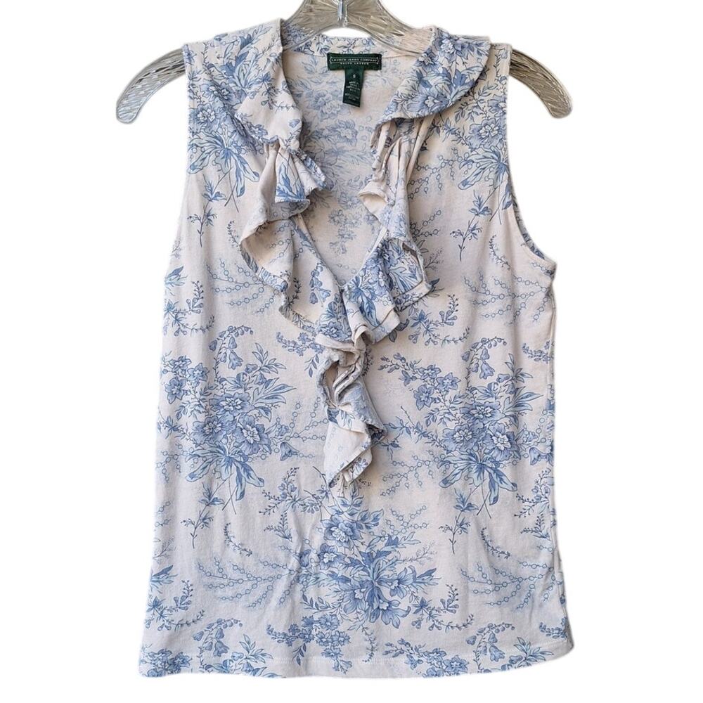 Lauren Ralph Lauren Y2K Ruffle Floral Tank Coquette Top Blouse Creme Blue S